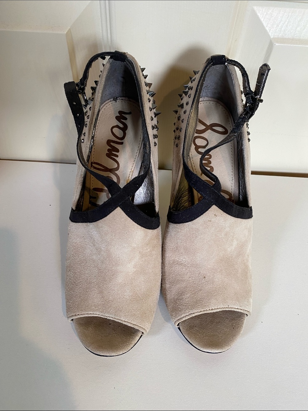 Sam Edelman Beige Suede Peep-Toe Heels with Black Trim and Ankle Strap